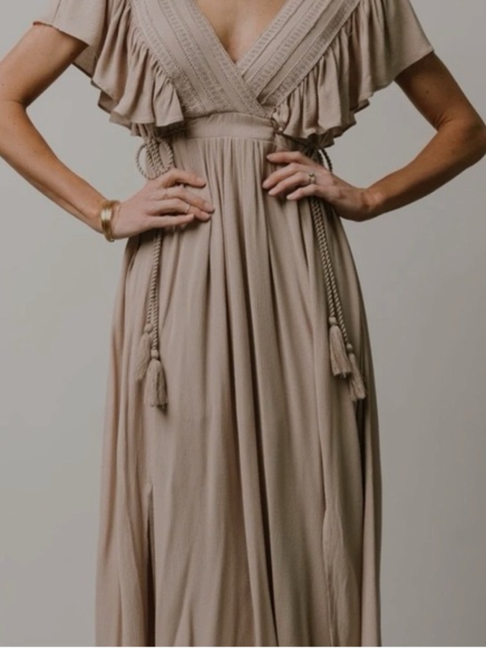 Batic Born Beige Ruffled V-Neck Maxi Dress with Tassel Tie